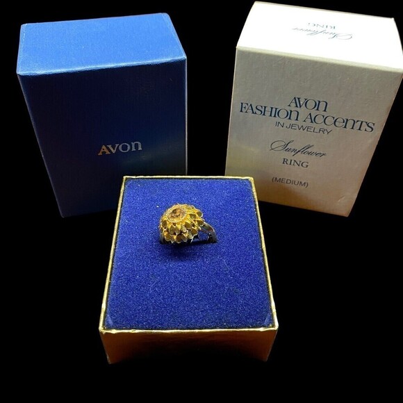 Vtg 1974 Avon Ring Sunflower Faux Brown Topaz Goldtone Sun Flower w Box Medium - Picture 6 of 8